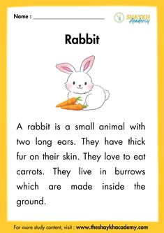 a rabbit is eating a carrot with the words rabbit on it, which are in front of