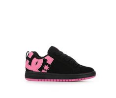 Combination upper,Secure lace-up closure,Cushioned insole,Durable outsole,Breathable shoe lining,Padded collar and tongue,Pull loop at back for easier on and off,DC branding details | Girls' DC Little Kid & Big Kid Court Graffik Sneakers in Black/Pink Size 2.5 - Little Kid Medium Dc Graffik Shoes, Pink Dc Shoes, Black And Pink Shoes, Dc Shoes Y2k, Pink And Black Shoes, Red Dc Shoes, Black Dc Shoes, Dc Shoes Women, Dc Shoes Girls