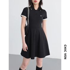 Black Short Sleeve Polo Collar A-line Dress - BEYOND FASHION Summer Profile, Office Dresses For Women, Dress For Woman, Spring Summer 2023, Black Short Dress, Woven Pattern, Style Office, Office Lady, Polo Collar