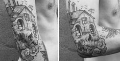 black and white tattoos on the arm of a man with an old house in the background