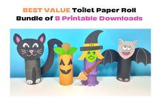 three halloween toilet paper roll crafts with bats, witches and cats on the top one