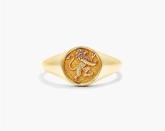 14K Yellow Gold Leo Zodiac Signet Ring. Leo is symbolized by the lion which represents vitality and creativity. The lion takes pride in its radiant and powerful presence. Inspired by mythological imagery, our Zodiac Signet Ring collection is the perfect talisman to channel this energy. Gold Lion Ring, Lion Signet Ring, Leo Energy, Leo Jewelry, 14k Gold Signet Ring, Ring Inspo, Lion Ring, Jewelry Photoshoot, Signet Rings