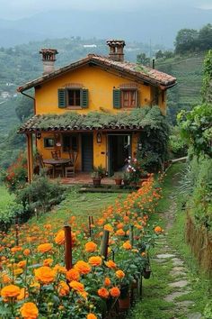 an orange house surrounded by flowers and greenery