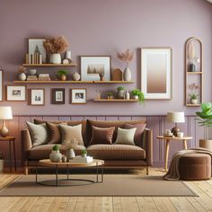 a living room filled with lots of furniture and pictures on the wall above it's coffee table