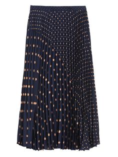 Polka Dot Pleated Midi Skirt | Banana Republic Printed Skirt Outfit, Banana Republic Style, Navy Blue Skirt, Party Skirt, Maxi Styles, Fashion Attire, Pleated Midi Skirt, Skirt Outfits, Printed Skirts