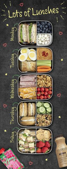 a lunch box filled with different types of food and the words lots of lunches written on it