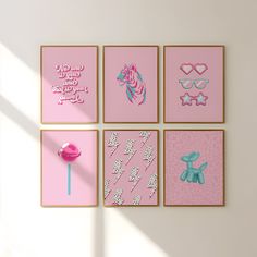 four pink and blue wall hangings with pictures on them