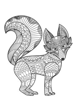 a black and white drawing of a fox with intricate patterns on it's body