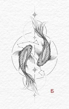 two koi fish in the middle of a circle with stars and lines on it