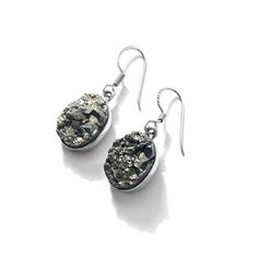 Pyrite has beautiful luster and fascinating crystals! It's reflective gold color also links to the sun. Its name derives from Greek word meaning "fire" because it sparks easily when struck.(The Essential Crystal handbook) Stones: Pyrite Dimensions: Pyrite stone approx. 3/4" long x 1/2" wide Length: Earrings hang approx. 1 1/2" Material: Sterling Silver Silver Gemstone Brass Earrings, Silver Brass Earrings With Gemstone, Celestial Silver Sparkling Earrings, Silver Nickel-free Spiritual Crystal Earrings, Silver Spiritual Crystal Earrings Nickel Free, Nickel-free Silver Crystal Earrings For Spiritual Use, Silver Dangle Mineral Crystal Jewelry, Silver Dangle Jewelry With Mineral Crystal, Gold Sterling Silver Nickel Free Crystal Earrings