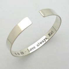 Adorable personalized cuff bracelet with a secret message. It is handmade of quality sterling silver and polished to a shiny look. Be sure to think over a meaningful message that will be engraved to create a lasting memory, also great birthday gift idea for her, Valentines day gift, mothers day gift etc.. The bracelet can be two sides engraved. The two-sided bracelet is comfy and looks very elegant and feminine. Both schick and meaningful note for your image! Great romantic gift for her! Order t Custom Silver Jewelry, Secret Message Bracelet, Custom Cuff Bracelet, Engraved Bangle, Engraved Cuff, Message Bracelet, Hidden Message, Silver Jewels, Engraved Bracelet