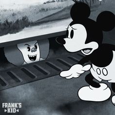 an animated mickey mouse is looking at another cartoon character