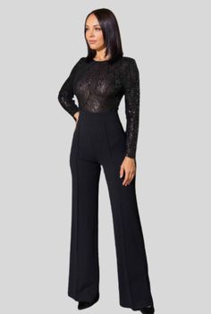 Black Round Neck Sequin Jumpsuit. Fitted Elastane Pantsuit For Party, Stretch Overall Bodysuit For Party, Black Full Length Pantsuit For Night Out, Black Full-length Pantsuit For Night Out, Long Sleeve Stretch Jumpsuits For Evening, Fitted Elastane Pantsuit For Night Out, Black Elastane Jumpsuits And Rompers For Work, Black Elastane Jumpsuits For Workwear, Black Elastane Jumpsuit For Work