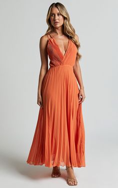 Brylee Midi Dress - Satin Pleated Wrap Dress in Orange Semi Formal Wedding, Color Outfits, Closet Inspiration, Midi Cocktail Dress, Dress Satin, Wedding Outfits, Fashion Color, Bridesmaids Dresses, Midi Length Dress