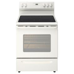 a white stove with an oven door and two burners on the top, in front of a white background