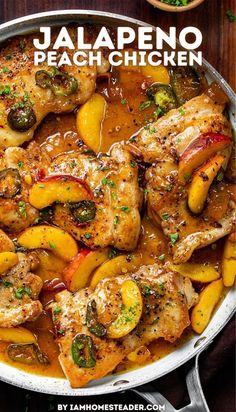 chicken with peaches and herbs in a skillet