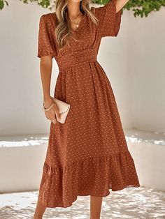 Long Skirt Summer, Bohemian Maxi Dress, Short Sleeve Maxi Dresses, Neue Outfits, Solid Color Dress, Ruffle Hem Dress, Flounce Sleeve, Midi Dress With Sleeves, Daily Dress