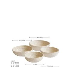 three white bowls are shown with measurements for each individual bowl, and the same size