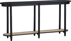 a black console table with two shelves on each side