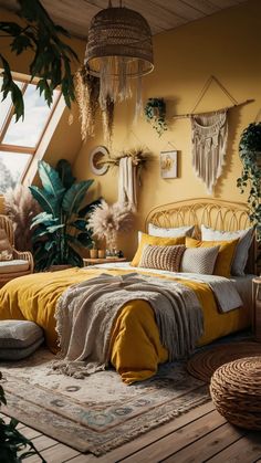 a bedroom with yellow bedding and hanging plants in the corner, along with wicker furniture