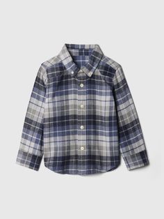 Soft organic cotton flannel shirt.  Point collar.  Long sleeves with button cuffs.  Button front.  Assorted plaid prints.  Made with 100% organically grown cotton, which is grown without the use of synthetic pesticides and fertilizers.  Straight, easy fit.  Hits at the hip.  Sizes range from baby to toddler. Boy Flannel Outfit, Blue Flannel Shirt, Boys Flannel, Flannel Outfits, Toddler Jeans, Blue Check, Baby Gap, Pesticides, Men Boys