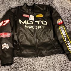 Jacket Racing. New With Tags!!! Never Used!! Sporty Black Biker Jacket For Spring, Black Sporty Biker Jacket For Spring, Forever 21 Casual Black Outerwear, Trendy Black Forever 21 Outerwear, Forever 21 Trendy Black Outerwear, Forever 21 Black Winter Outerwear, Retro Racing Jacket, Nascar Leather Jacket, Vintage Race Jacket