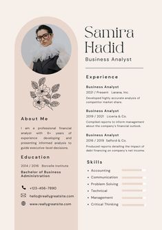 a pink and white resume with an image of a woman's face on it