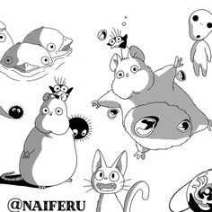 an image of various cartoon animals in black and white with the caption'naiferu on it