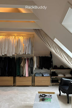 Struggling to find storage solutions for slanted walls? Our custom wardrobe designs are tailored to maximize your space efficiently. This beige-colored wardrobe features beautifully integrated wooden shelves and numerous dressers, providing ample space to organize all your clothes. Perfect for creating a functional and stylish storage area, even in the trickiest of spaces. Transform your room with our bespoke solutions today! Closet Living Room, Custom Wardrobe, Slanted Walls, Fitted Wardrobe, Home Decor Scandinavian