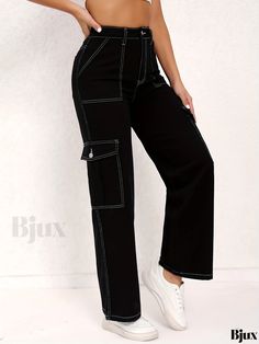 Bjux - Chic Flap Pocket Cargo Pants with High Waist, Loose Fit Y2K Style Straight Jeans for Women - Premium Denim Apparel Spring Bottoms With Contrast Stitching Full Length, Baggy Wide-leg Pants With Contrast Stitching, Casual High Rise Jeans With Contrast Stitching, Casual High-rise Jeans With Contrast Stitching, Casual Wide Leg Bottoms With Contrast Stitching, Baggy Straight Leg Bottoms With Contrast Stitching, Mid-rise Cotton Cargo Jeans With Contrast Stitching, Casual High Rise Bottoms With Contrast Stitching, Casual Straight Leg Pants With Contrast Stitching