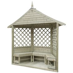 a wooden gazebo with benches in front of it on a white background for display