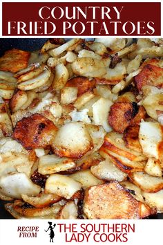 fried potatoes in a skillet with text overlay