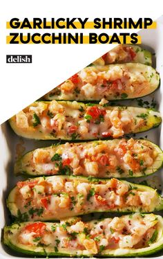 an image of stuffed zucchini boats in a white dish with text overlay