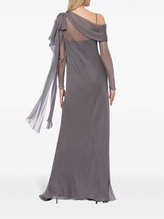 Find ALBERTA FERRETTI Asymmetric Long-sleeved Dress on Editorialist. grey silk sheer overlay layered design side tie fastening asymmetric neck long sleeves long length Dress With Draping, Long Chiffon Dress, Chiffon Dress Long, Sheer Overlay, Asymmetrical Neckline, Gray Silk, Layered Design, Sleeved Dress, Alberta Ferretti