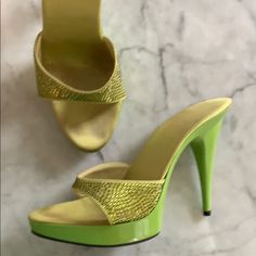 Vintage Swarovski Crystal Celine Platform Heels. Lime Green With Silk Footbed. Size 38 Made In Italy. These Are From 2001 When Gisele Was In The Celine Campaign. The Celine Logo Is Barely Visible So I Put Pic Of Sock. Slight Marks On Insole From Wear But Otherwise In Great Condition. Luxury Rhinestone Synthetic Heels, Green High Heels With Rhinestones, Elegant Yellow Platform Heels, Formal Green Heels With Rhinestones, Yellow Heels With Rhinestones For Party, Yellow Rhinestone Heels For Party, Party Yellow Heels With Rhinestones, Yellow Rhinestone Party Heels, Luxury Yellow Heels For Party