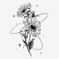 two sunflowers are drawn in black and white on a white background with stars