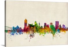 a colorful city skyline is shown in watercolor