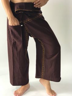 "Unisex Thai fisherman pants. One size fits all. You can wear in many occasions, casual wear, yoga wear, maternity wear, relax at home, travel etc. If you are looking for some pants that you can wear everywhere, comfortable, relax and Easy to wear. Thai fisherman pants is Answer!! Nice gift for yourself or your lover One pocket on the side for storing your items such as wallets, mobile phones, etc Approx. Measurements: One size can fits most and 1 Pockets Measurement Waist 27\" (69 cms) Length 4 Brown Cotton Ankle-length Harem Pants, Cotton Harem Yoga Pants With Pockets, Brown Wide-leg Harem Pants With Side Pockets, Brown Wide Leg Harem Pants With Side Pockets, Brown Cotton Cargo Pants, Cotton Yoga Pants For Meditation, Full-length Cotton Yoga Pants, Cotton Full-length Yoga Pants, Yoga Pants With Hip Pockets