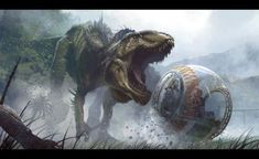 an artist's rendering of a dinosaur attacking a giant object