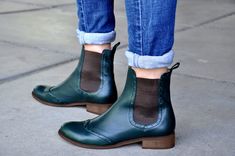 "A timeless style, these staple leather chelsea boots will become just that - your wardrobe staple. A low chunky heel bring functionality and femininity in a versatile, everyday shoe. Outer and inner material - leather, manmade sole, closure - slip on. Heel - 2.5 cm / 1.0\" --------Size Conversion & Feet Measurements------ EU 34 US 4.0 UK 1.0 | 22.5 cm / 8.85\" EU 35 US 5.0 UK 2.0 | 23.0 cm / 9.05\" EU 36 US 6.0 UK 3.0 | 23.5 cm / 9.25\" EU 37 US 6.5 UK 4.0 | 24.5 cm / 9.64\" EU 38 US 7.5 UK Green Chelsea Boots With Leather Sole And Round Toe, Green Leather Sole Ankle Boots, Green Slip-on Boots With Leather Sole, Green Leather Sole Slip-on Boots, Green Leather Boots For Fall, Fall Slip-on Chelsea Boots With Leather Sole, Fall Chelsea Boots With Leather Sole And Slip-on Design, Green Round Toe Chelsea Boots For Fall, Fall Chelsea Boots With Leather Sole