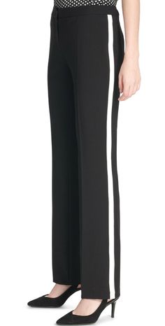 Calvin Klein Side Stripe Pants  Black with White Stripe  Women's Size 4 Brand New with Tags  MSRP $99 Black Business Casual Pants With Vertical Stripes, Black Vertical Stripe Pants For Business Casual, Black Pants With Vertical Stripes For Business Casual, Business Casual Black Pants With Vertical Stripes, Black Trousers With Vertical Stripes, Fitted Black Pants With Vertical Stripes, Chic Pants With Contrast Stripes, Formal Black Pants With Vertical Stripes, Chic Trousers With Contrast Stripes