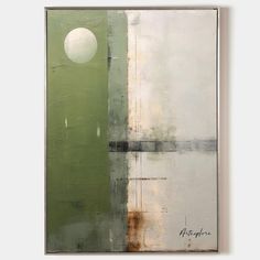 an abstract painting with green, white and grey colors on the bottom half of it