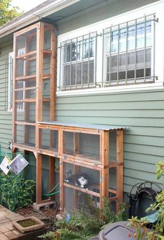 an outdoor chicken coop in front of a house with a cat on the outside porch