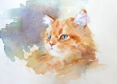 a watercolor painting of a cat with blue eyes