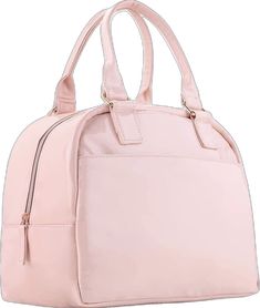 a pink handbag with two zippers on the front and one in the back