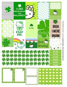 a green and white planner sticker sheet with hello kitty, shamrocks, irish symbols