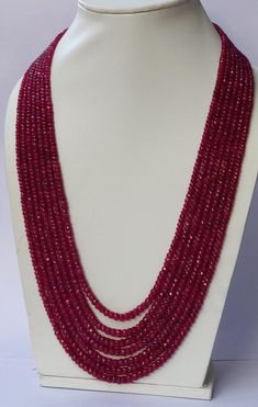 Name Of Stone                 : Ruby Corundum   Cut                                      : Faceted Color                                   : Pinkish Red    Shape                                 : Roundel Beads Size                         : 3 - 4 mm approx. Treatment                          : Dyed  ( Heated )    * Cut & Polished in India * 100% natural & genuine * Measurements & weight are close approximations * We take order work as well. Feel free to contact for purchasing goods in bulk. * We Beautiful Diamond Necklace, Faceted Bead Necklace, Pearl Necklace Designs, Diamond Necklace Designs, Mexican Jewelry, Pinkish Red, Ruby Beads, Gemstone Beaded Necklace, Necklace Design