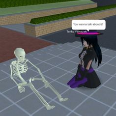 an animated skeleton is standing next to a woman in a purple dress and black hat