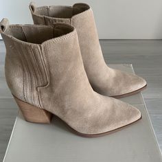 Brand New Marc Fisher Booties Light Camel Color Spring Suede Booties With Almond Toe, Casual Beige Heeled Boots With Almond Toe, Casual Beige Suede Booties, Casual Beige Suede Heeled Boots, Beige Pointed Toe Booties With Stacked Heel, Beige Booties With Stacked Heel And Pointed Toe, Beige Suede Pointed Toe Booties, Beige Suede Booties With Stacked Heel, Beige Suede Almond Toe Booties