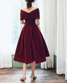 A-Line Wine Red Velvet Tea Length Homecoming Dress Strapless Party Dresses Homecoming Dress Strapless, Tea Length Homecoming Dresses, Strapless Party Dress, Tea Length, Homecoming Dress, Wine Red, Party Dresses, Elegant Dresses, Homecoming Dresses